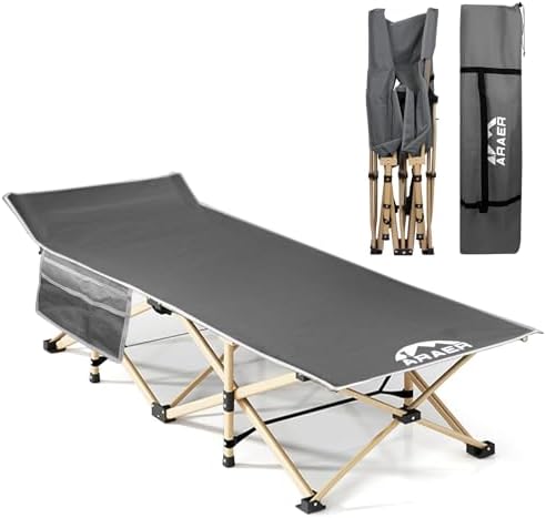 ARAER Camping Cot, 450LBS(Max Load), Portable Folding Outdoor Bed with Carry Bag for Adults Kids, Heavy Duty Cot for Traveling Gear Supplier, Office Nap, Beach Vocation and Home Lounging (Grey) by ARAER