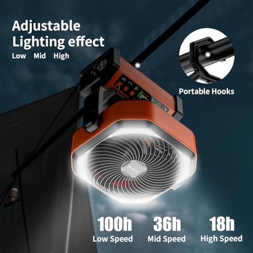 Socool Camping Fan with Light - 20000mAh Rechargeable Battery Fan, 112Hrs Max Run Time, 9 Speeds, Digital Display, Timer, Auto Oscillation, 270° Pivot & Hook for Camping, Power Outage, Hurricane - Image 6