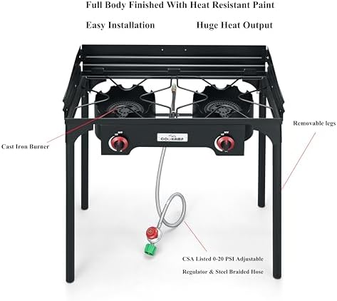 COOKAMP High Pressure Double Propane Burner With Windscreen Outdoor Camping Stove with 0-20 PSI Adjustable Regulator and Steel Braided Hose SA2510 (Two Burner Stove With Windscreen) - Image 3
