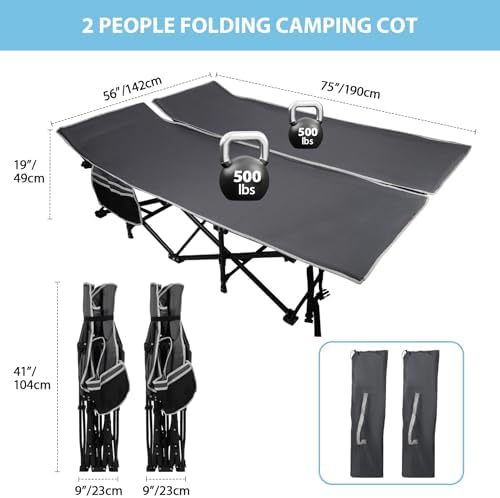 REDCAMP 2 Person Oversize Camping Cots for Adults, 56'' Extra Wide Sleeping Cots Heavy Duty, XXXL Cots Portable for Outdoor Indoor Office, Grey - Image 2
