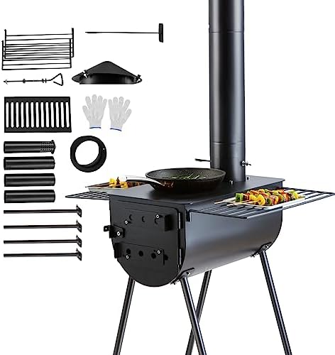 VEVOR 118" Camping Wood Stove, Portable Alloy Steel Tent Stove with 3000in³ Firebox, Outdoor Heating & Cooking Stove with Chimney Pipes & Gloves, Includes 8 Pipes for Efficient Heating by VEVOR