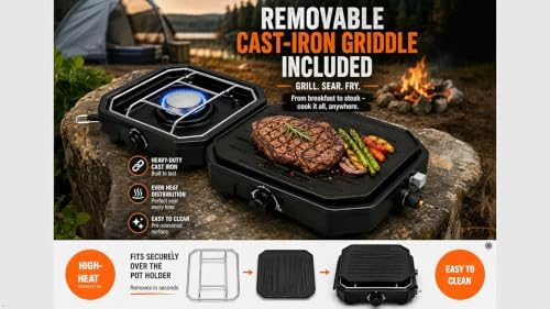 Camping Stove 2 Burner Propane with Griddle, Portable Foldable Camp Stove with Piezo Ignition, Adjustable Burners, Gas Hose & Carry Bag - Image 4