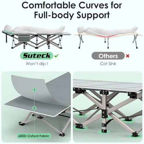 Suteck Camping Cot, Folding Camping Cot Bed for Adults Sleeping 1200D Double Layer Oxford Portable Folding Outdoor Cots for Camping W/Soft Pad Carry Bag for Home Office Nap Beach Travel, Stripe Blue - Image 4