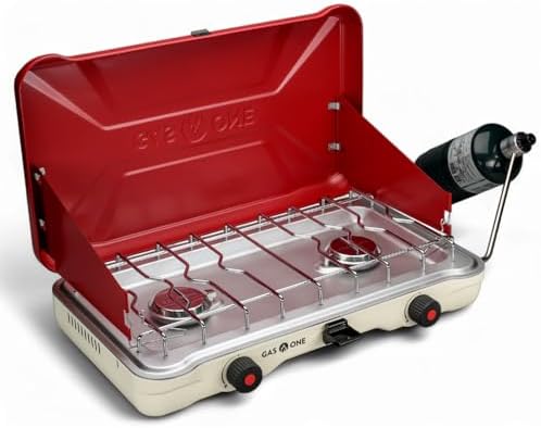 GasOne Portable Camping Stove – Double Propane Stove with Auto Twist Turn Ignition – 22,000 BTU Camping Cooktop with 2 Burners and Wind Guard – Ideal for Tailgating, Fishing, Travel, Red by GasOne