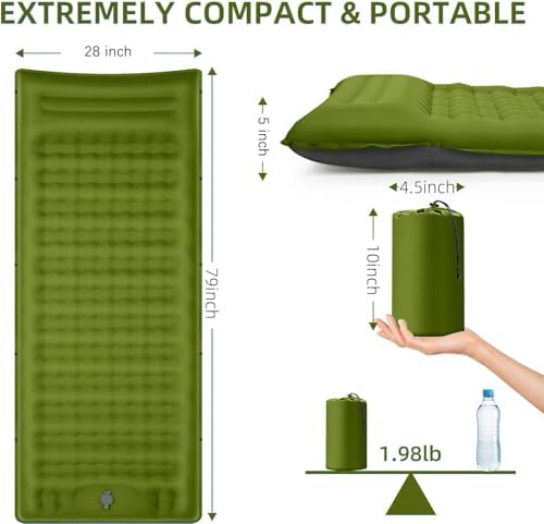 FNARMW Camping Sleeping Pad, Extra Thick 5 Inch Camping Mat with Pillow Built-in Foot Pump Inflatable Sleeping Pads Compact for Camping Backpacking Hiking Traveling Tent（Military Yellow） - Image 2