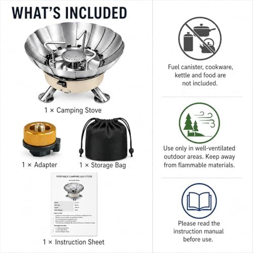 Butane Camping Stove, Portable Windproof Camping Gas Stove with Built-in Windshield, Piezo Ignition, Propane Canister Adapter, Foldable Burner for Backpacking Hiking Outdoor Cooking - Image 6