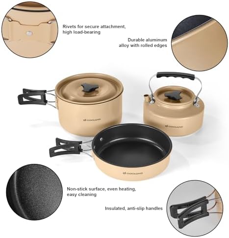 Odoland 15pcs Camping Cookware Mess Kit, Lightweight Pot Pan Kettle Set - Image 6