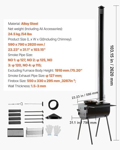 VEVOR 118" Camping Wood Stove, Portable Alloy Steel Tent Stove with 3000in³ Firebox, Outdoor Heating & Cooking Stove with Chimney Pipes & Gloves, Includes 8 Pipes for Efficient Heating - Image 7