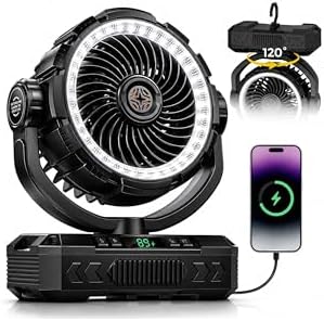 9-Inch Rechargeable Camping Fan 【Auto-Oscillating, Max 60H】20000mAh Portable Battery Powered Operated Fan,Light,Timer,Hook,Outdoor Tent Fans for Patios,Beach,Fishing,Emergency,Camping Gear Essentials by Ausic