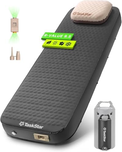 TaskStar 4" Self Inflating Sleeping Pad for Camping with Pillow, Electric Foam & Air Camping Sleeping Pad, 9.5 R-Value, 4 Season Air Mattress for Camping Essentials Gear for Tent Travel Car Cot by TaskStar