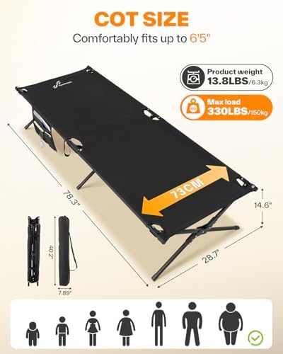 Sportneer Camping Cot: 78.3"x28.7"x14.6" Comfort Cot Bed for Camping Traveling Guest Bed, Sleeping Cots for Adults with Side Pockets & Storage Bag - Ease of Assembly, Support 330 Lbs - Image 4