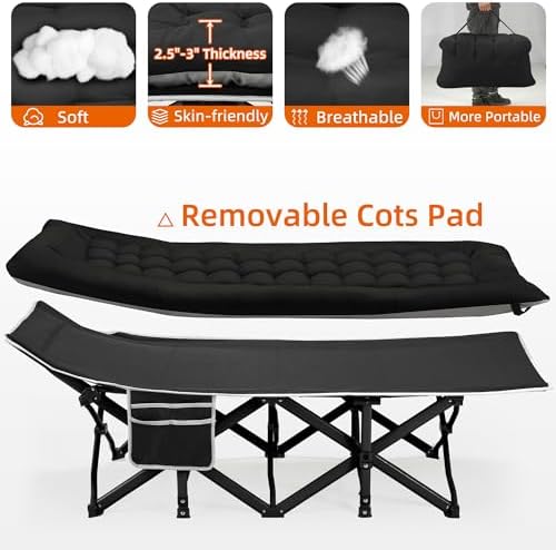 Fragess Portable Camping Cot, Sleeping Cots for Adults, 28" Extra Wide Heavy Duty Folding Cot Max Load 600LBS with Thick Mattress, Portable Camping Bed for Outdoor Camp/Office, Home Nap (Black) - Image 6