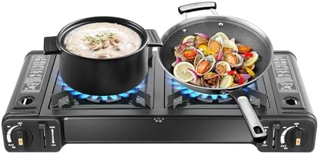 Portable Gas Stove, 2-Burner Butane Camping Stove with Carry Case, Outdoor Kitchens LPG Stove, Automatic Ignition Outdoor Indoor Cooking Gear by DDBESSIC