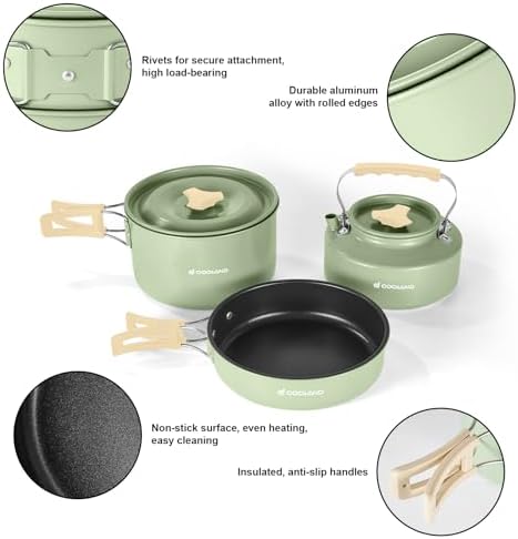 Odoland 15pcs Camping Cookware Mess Kit, Lightweight Pot Pan Kettle Set - Image 6