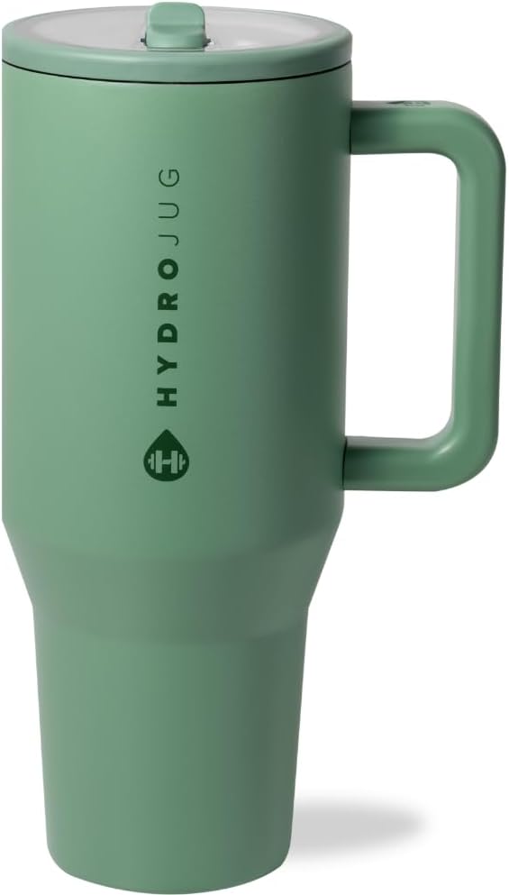 HydroJug Traveler - 40 oz Water Bottle with Handle & Flip Straw - Fits in Cup Holder, Leak Resistant Tumbler-Reusable Insulated Stainless Steel & Rubber Base - Gifts for Women & Men, Sage by Hydrojug