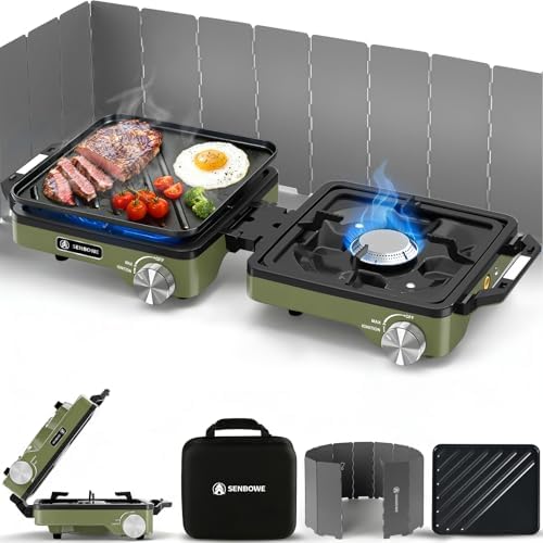 2-Burner Pro Camping Stove,24000 BTU Camp Stove,Foldable Propane Stove Includes Carry Bag,Windscreen Griddle, Portable Stove,Camping Essentials,Suitable For Outdoor Cooking,Tailgating,Grilling (Green) by Unknown