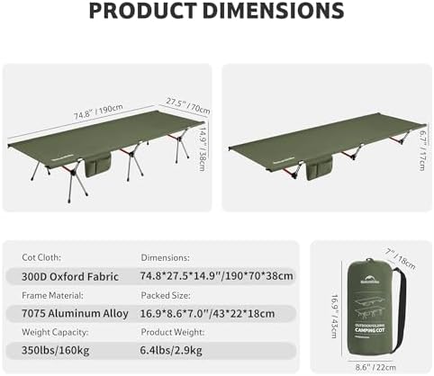 Naturehike ArmyWild Folding Camping Cot, Height Adjustable Ultralight Backpacking Cot, Portable Camping Bed for Camping Hiking Travel Home - Image 2