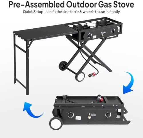 ROVSUN 2 Burner Outdoor Camping Stove with Side Table, Portable Propane Burner, Gas Cooker with Foldable Leg & CSA Regulator for Home Camp Paito Cooking Frying Canning - Image 4