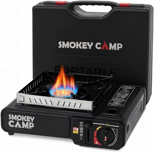 Portable Camping Stove 3000W Butane or Propane Fuel Compatable (Propane Adapter not Included), Automatic Ignition, Precise Heat Control, for Camping, Hiking, and Outdoor Cooking (Without Adapter Pipe) by SmokeyCamp