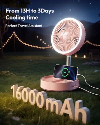 Gaiatop Portable Pedestal Fan 16000mAh Battery [Max 74h Runtime], Foldable Oscillating Standing Fan, Collapsible Desk Fans, LED Light, Case & Remote Control, 4 Speeds for Outdoor Travel Camping (Pink) - Image 2