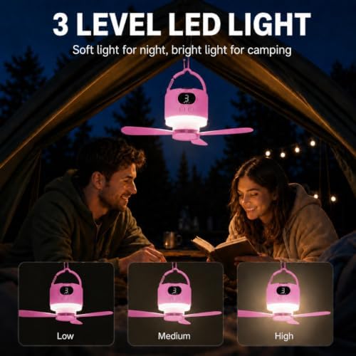 Camping Tent Fan with Light, Rechargeable Hanging Fan with Remote (Pink) - Image 5