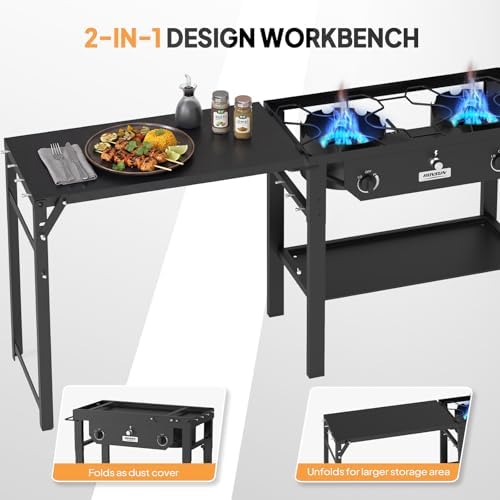 ROVSUN 2 Burner Outdoor Propane Gas Stove with Foldable Work Station, Auto-ignition & Regulator, 150,000 BTU Powerful Camping Burner with Portable Wheels for Backyard Patio Cooking Brewing Frying - Image 3