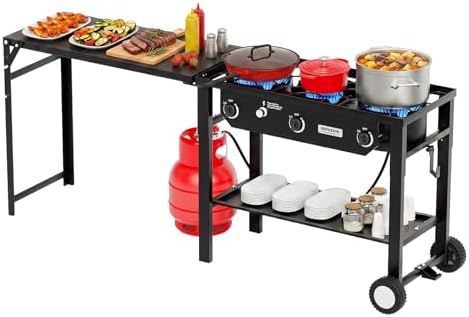 ROVSUN 3 Burner Outdoor Propane Gas Stove with Foldable Work Station, Auto-ignition & Regulator, 225,000 BTU Powerful Camping Burner with Portable Wheels for Backyard Patio Cooking Brewing Frying by ROVSUN