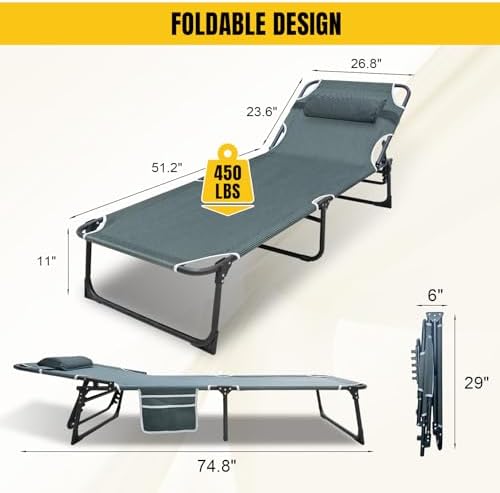 YELLOW JACKET Folding Camping Cot for Adults Adjustable 5-Position Portable Sleeping Cot Bed with Pillow and Removable Mattress Reclining Foldable Camp Cots for Outdoor,Home,Beach,Patio,Grey - Image 3