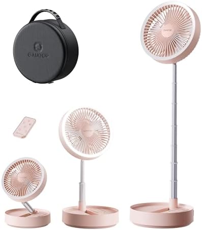 Gaiatop Portable Pedestal Fan 16000mAh Battery [Max 74h Runtime], Foldable Oscillating Standing Fan, Collapsible Desk Fans, LED Light, Case & Remote Control, 4 Speeds for Outdoor Travel Camping (Pink) by GAIATOP
