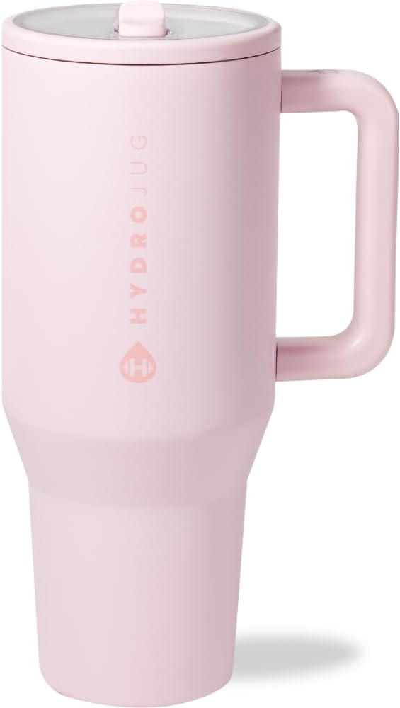HydroJug Traveler - 40 oz Water Bottle with Handle & Flip Straw - Fits in Cup Holder, Leak Resistant Tumbler-Reusable Insulated Stainless Steel & Rubber Base - Gifts for Women & Men, Pink Sand by Hydrojug