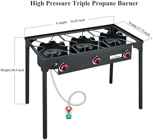COOKAMP High Pressure Triple Propane Burner Outdoor Propane Camping Stove with 0-20 PSI Adjustable High Pressuer Regulator and Steel Braided Hose 3 Burner Stove Brewing Supply SA3500 - Image 2