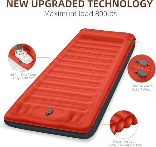 FNARMW Camping Sleeping Pad, Extra Thick 5 Inch Camping Mat with Pillow Built-in Foot Pump Inflatable Sleeping Pads Compact for Camping Backpacking Hiking Traveling Tent（Orange-Black） - Image 5