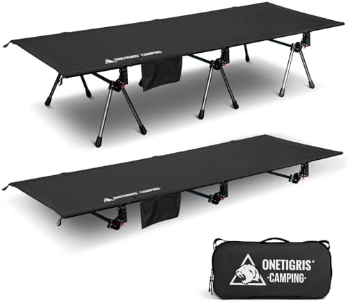 ONETIGRIS SUPRANUBIS Camping Cot, Height Adjustable with Cot Leg Extenders, Strong Support 330lbs, Lightweight Comfortable Folding Bed for Camping, Hiking, Travel, Truck, Beach, Office Nap by OneTigris