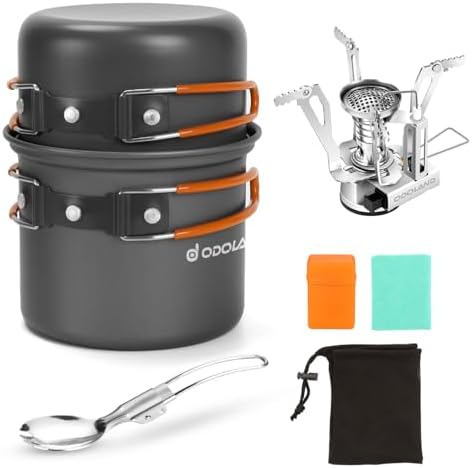 Odoland Camping Cookware Mess Kit, Lightweight Pot Stove Spork Set by Odoland