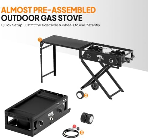 ROVSUN 2 Burner Foldable Gas Stove with Side Table, 150,000 BTU Portable Propane Stove with Ignition & Regulator for Camping Home Backyard Cooking Brewing Canning Turkey Frying - Image 5