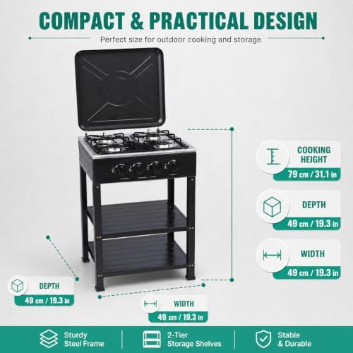 4 Burner Gas Stove Portable Outdoor Stove with Removable Storage Stand, Heavy Duty Stainless Steel Propane Gas Cooker with Wind Blocking Cover for Camping Picnic Home RV Cooking (no hose) - Image 2