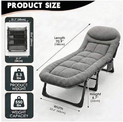 DXZ Folding Camping Cot for Adults, 6-Position Adjustable Reclining Cot with Mattress and Pillow, Heavy Duty Portable Sleeping Bed with Side Pocket for Camping, Patio, Office Nap and Home Rest, Grey - Image 2