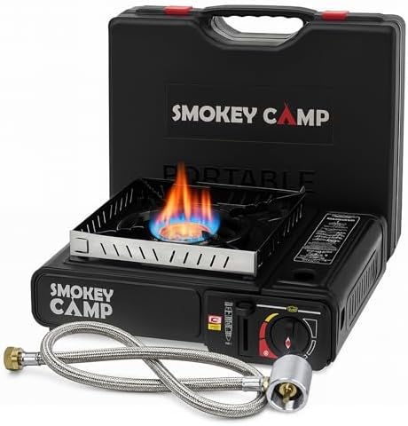 Portable Camping Stove, 3000W Dual Fuel Butane & Propane Gas Stove, Automatic Ignition, Adjustable Flame Control, Compact Backpacking Stove for Camping & Outdoor Cooking (with Adapter Pipe) by SmokeyCamp