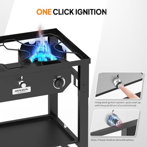 ROVSUN 2 Burner Outdoor Propane Gas Stove with Foldable Work Station, Auto-ignition & Regulator, 150,000 BTU Powerful Camping Burner with Portable Wheels for Backyard Patio Cooking Brewing Frying - Image 4