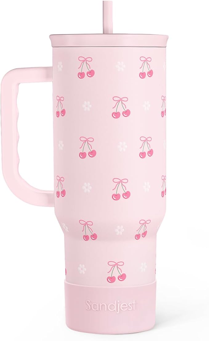 Cherry 40oz Slider Tumbler with Handle and Straw - Insulated Stainless Steel Travel Coffee Mug for Women Girls, Gift for Birthday Christmas by SANDJEST