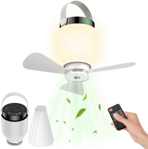 Rechargeable Camping Fan with LED Lantern, 2 in 1 Portable Small Ceiling Fan with Light for Outdoor Tent Gazebo Patio RV, USB C Battery Powered White Fan with Remote, Detachable 3 Blade Hanging Fan by Unknown