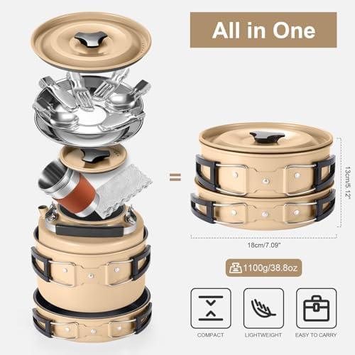 Odoland 15pcs Camping Cookware Mess Kit, Lightweight Pot Pan Kettle Set - Image 3