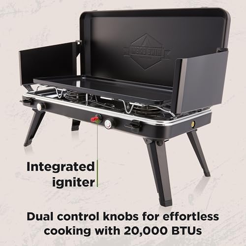 Hike Crew 2-in-1 Gas Camping Stove and Griddle | 20,000 BTU 2 Burner Propane Portable Stovetop w/Griddle Plate | Foldable Legs | Integrated Igniter w/Regulator | Wind Panels & Built-in Carry Handle - Image 3