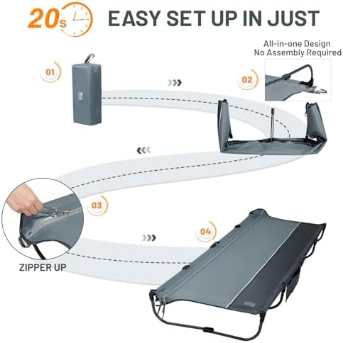 TIMBER RIDGE 20-Second Quick Set-Up Camping Cot, Lightweight Aluminum Folding Cot with Zipper Closure, Portable Carry Bag Included for Camping, Travel and Outdoors, Support up to 225lbs, Grey - Image 4