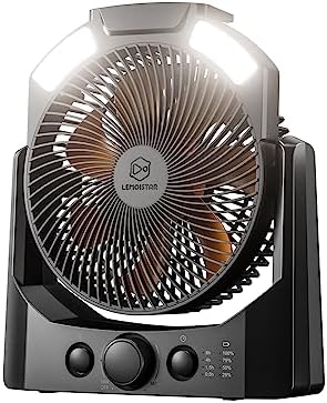 Camping Fan with LED Lantern, 8 Inch D-Cell Battery Operated Desk Fan with Timer, High Velocity Stepless Speed Control, Quiet,SOS Light, 180° Rotation USB Fan for Outdoor, Hurricane, Emergency by LEMOISTAR