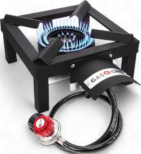 GasOne High Pressure Single Propane Burner - Outdoor Cooking with Heat Shield and Guard – Propane Burner Head for Camping, Tailgating, Seafood Boil, Home Brewing - Patented by GasOne