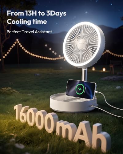 Gaiatop Portable Pedestal Fan 16000mAh Battery [Max 74h Runtime], Foldable Oscillating Standing Fan, Collapsible Desk Fans, LED Light, Case & Remote Control 4 Speeds for Outdoor Travel Camping (White) - Image 2