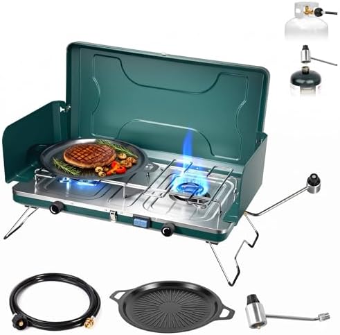 2 Burner Propane Stove, 20000BTU Portable Camping Stove with 2 Adjustable Burner and Wind Guards, Camping Cooktop with Ignition & Griddle for Camping,Tailgating, BBQ, Grilling,Outdoor Gear by Gospowor
