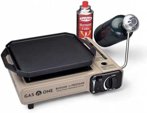 GasOne GS-3400P-KIT Propane or Butane Gas Stove with Flat Top Griddle Included – Dual Fuel Propane Grill Tent Stove Burners for Cooking for Camping, Kitchen – Diecast Aluminum with Non Stick Coating by GasOne