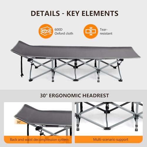 VINGLI Folding Camping Cot Bed,Camping Cots for Adults with Mattress, Foldable Cots for Sleeping with Pillow 1200D Layer Oxford for for Guest,Travel,Hiking-Grey 2P - Image 7